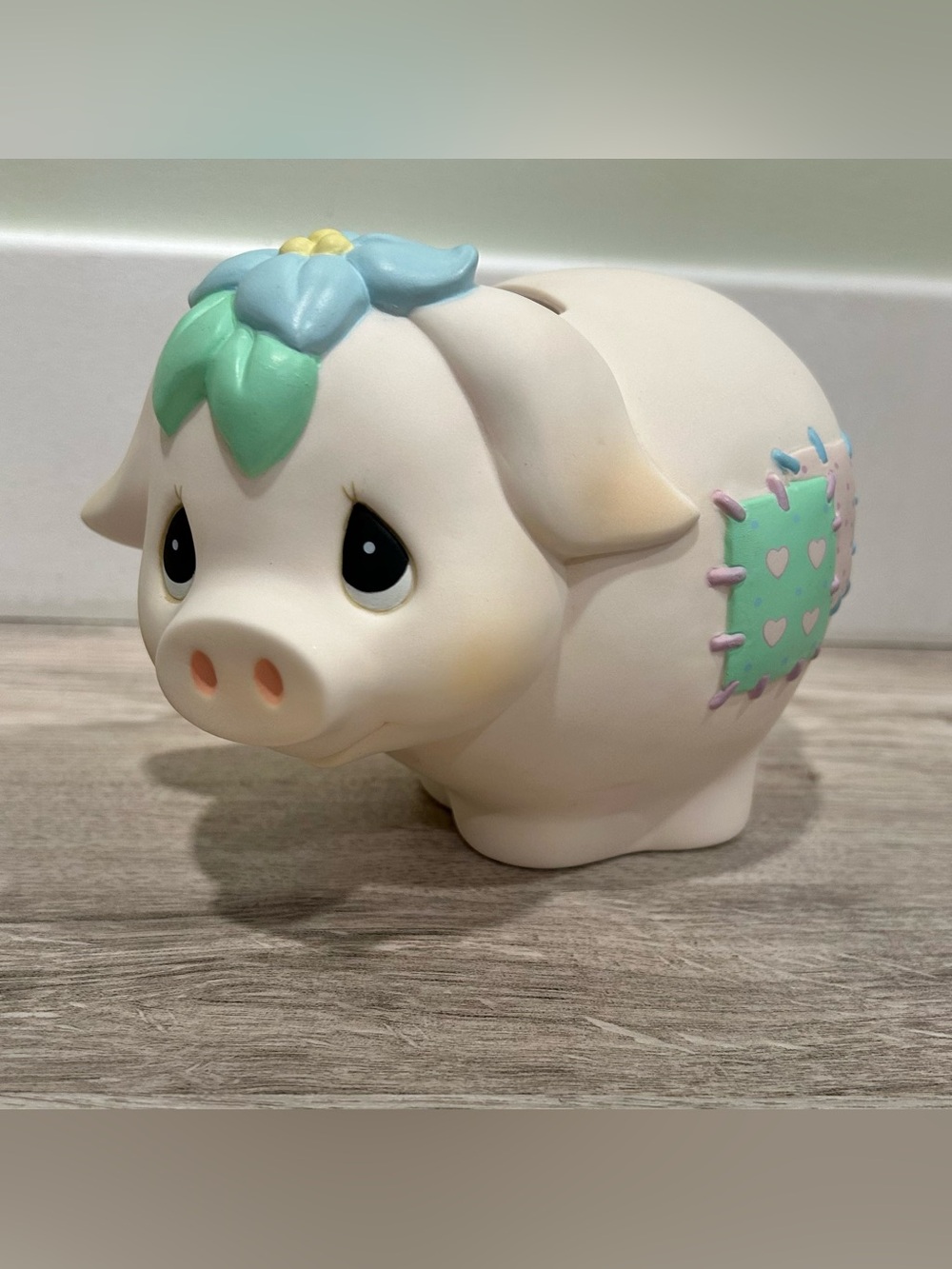 Vintage 1992 Enesco Precious Moments Children’s Piggy Bank Plastic Patchwork Pig